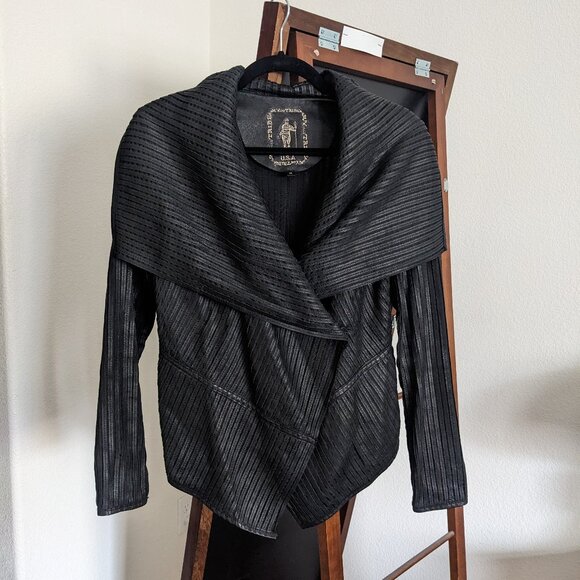 My Tribe Black Leather Jacket Open Front - Picture 3 of 9